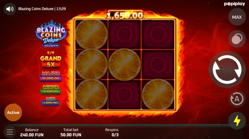 Blazing Coins Deluxe-ის რესპინ-სათამაშო ეკრანი