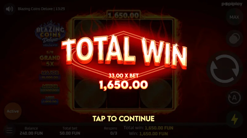 Blazing Coins Deluxe-ის რესპინის საერთო მოგება